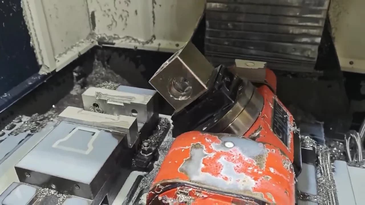 A red tilting rotary table holding a workpiece in a vise inside a machining center